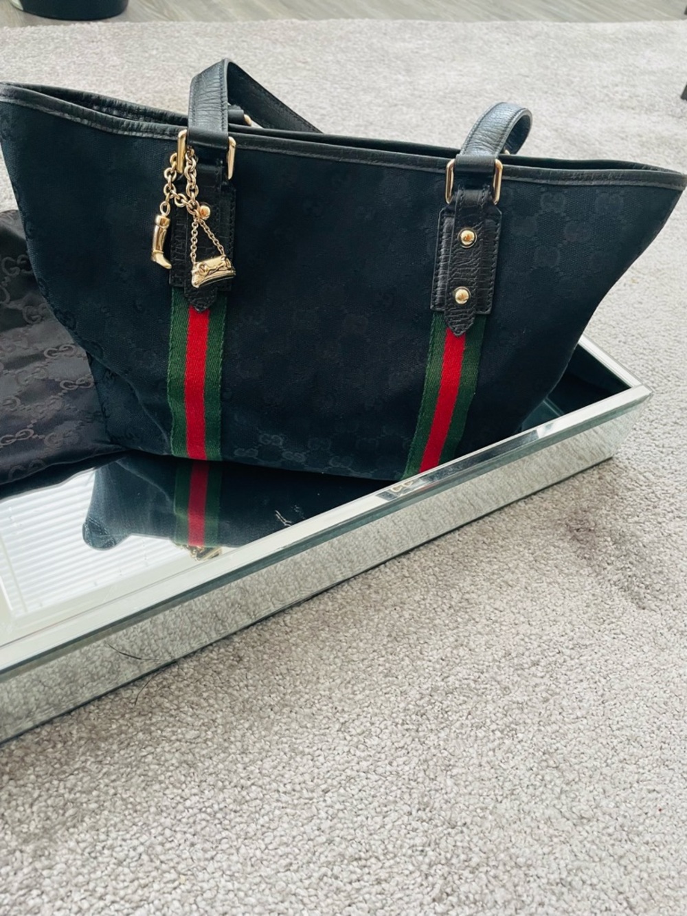 Gucci Black Canvas Tote with Green and Red Web Stripe